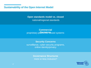 Sustainability of the Open Internet Model
Open standards model vs. closed
national/regional standards
proprietary platforms, closed systems
surveillance, cyber-security programs,
online identity/privacy
more or less inclusive?
Commercial
Decisions
Security Concerns
Governance Structures
27
 
