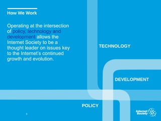 Operating at the intersection
of policy, technology and
development allows the
Internet Society to be a
thought leader on issues key
to the Internet’s continued
growth and evolution.
5
How We Work
TECHNOLOGY
POLICY
DEVELOPMENT
 