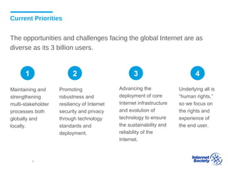 Current Priorities
The opportunities and challenges facing the global Internet are as
diverse as its 3 billion users.
6
Underlying all is
“human rights,”
so we focus on
the rights and
experience of
the end user.
Maintaining and
strengthening
multi-stakeholder
processes both
globally and
locally.
Promoting
robustness and
resiliency of Internet
security and privacy
through technology
standards and
deployment.
Advancing the
deployment of core
Internet infrastructure
and evolution of
technology to ensure
the sustainability and
reliability of the
Internet.
1 2 3 4
 