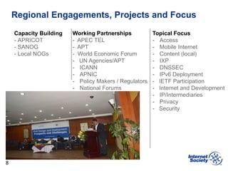 Regional Engagements, Projects and Focus
8
Capacity Building
- APRICOT
- SANOG
- Local NOGs
Working Partnerships
- APEC TEL
- APT
- World Economic Forum
- UN Agencies/APT
- ICANN
- APNIC
- Policy Makers / Regulators
- National Forums
Topical Focus
- Access
- Mobile Internet
- Content (local)
- IXP
- DNSSEC
- IPv6 Deployment
- IETF Participation
- Internet and Development
- IP/Intermediaries
- Privacy
- Security
 