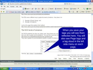 When you save your tags you will see them reflected here. You will also see Page tags and a tag cloud in the left side menu on each page. 