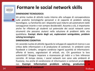 Formare le social network skills
DIMENSIONE TECNOLOGICA
Un primo nucleo di attività ruota intorno allo sviluppo di consapevolezza
sulle pratiche tecnologiche personali e di capacità di problem solving
tecnologico. La familiarità con i dispositivi può indurre ad automatismi dalle
conseguenze incerte e non sempre desiderabili. Accanto a ciò, è importante
anche far riflettere gli studenti sul potenziale dei social network come
strumenti che possono aiutarci nella soluzione di problemi della vita
quotidiana. Esempi: diario degli usi, esplorazioni semiguidate, problem
solving tecnologico
DIMENSIONE COGNITIVA
Un secondo nucleo di attività riguarda lo sviluppo di capacità di ricerca e uso
critico delle informazioni e di produzione di contenuti. In ambienti come
Facebook o LinkedIn, vengono condivise ingenti quantità di informazioni:
offerte di lavoro, segnalazioni di articoli, etc. Chi garantisce la loro
autenticità? Bisogna imparare a riconoscere gli indizi e a fare inferenze
corrette. Al tempo stesso, i social network non sono solo ambienti di
fruizione, ma anche di condivisione di informazioni o contenuti prodotti da
noi. Esempi: Information problem solving, produzione e

14

condivisione di contenuti

 