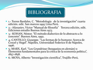 BIBLIOGRAFIA
 1.- Torres Bardales, C. “Metodología de la investigación” cuarta
    edición. edit. San marcos 1995 Lima Perú.
   2.- Afanasiev, Víctor “Manual de filosofía” Tercera edición, edit.
    Ediciones estudio Buenos Aires 1973
   3.- KOHAN, Néstor. “El método dialectico de lo abstracto a lo
    concreto”. Buenos Aires, 1992.
   4.-CANTILLO, Giuseppe. “Las formas de lo humano: Acerca de
    Crocel y Hegel”. Nápoles, Universidad Federico II de Nápoles,
    1996.
   5.-MARX, Karl. “Los Grundrisse (bosquejos en alemán) o
    Elementos fundamentales para la crítica de la economía política”,
    1857-1858.
   6.-MOYA, Alberto “Investigación científica”, Trujillo-Perú.
 