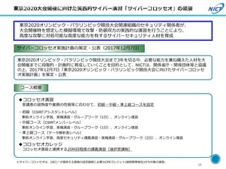 13
東京2020オリンピック・パラリンピック競技大会関連組織のセキュリティ関係者が、
大会開催時を想定した模擬環境で攻撃・防御双方の実践的な演習を行うことにより、
高度な攻撃に対処可能な高度な能力を有するサイバーセキュリティ人材を育成
東京2020オリンピック・パラリンピック競技大会まで3年を切る中、必要な能力を兼ね備えた人材を大
会開催までに段階的・計画的に育成していくことを目的として、NICTは、関係省庁・関係団体等と協議
の上、2017年12月7日「東京2020オリンピック・パラリンピック競技大会に向けたサイバーコロッセ
オ実施計画」を策定・公表
サイバーコロッセオ実施計画の策定・公表（2017年12月7日）
コース概要
※サイバーコロッセオは、(ISC) 2 が提供する資格の認定継続に必要なCPEクレジット(継続教育単位)付与対象の演習。
◆コロッセオ演習
受講者の習熟度や業務の性質等に合わせて、初級・中級・準上級コースを設定
・初級（CSIRTアシスタントレベル）
事前オンライン学習、実機演習・グループワーク（1日）、オンライン復習
・中級コース（CSIRTメンバーレベル）
事前オンライン学習、実機演習・グループワーク（1日）、オンライン復習
・準上級コース（データ解析者レベル）
事前オンライン学習、高度セキュリティ講義演習・実機演習・グループワーク（2日）、オンライン復習
◆コロッセオカレッジ
コロッセオ演習と連携する20科目程度の講義演習（選択受講制）
 