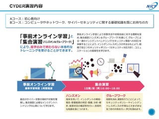 18
Aコース：初心者向け
Bコース：コンピュータやネットワーク、サイバーセキュリティに関する基礎知識を既にお持ちの方
 