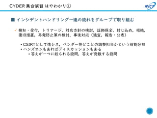 25
■ インシデントハンドリング一連の流れをグループで取り組む
✓ 検知・受付，トリアージ，対応方針の検討，証拠保全，封じ込め，根絶，
復旧措置，再発防止策の検討，事後対応（適宜，報告・公表）
• CSIRTとして情シス，ベンダー等どことの調整担当かという役割分担
• ハンズオンもあればディスカッションもある
• 答えが一つに絞られる設問，答えが発散する設問
 