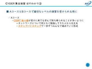 28
■ AコースとBコースで適切なレベルの演習を受けられる用に
✓ Aコース
• CSIRT 初心者が受けに来ても学んで持ち帰られることが多いように
• ネットワークについて何となく勉強してきた人なら大丈夫
• ステップバイステップで一歩ずつみんなで進めていく形式
 