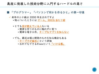 64
■ 「プログラマー」「パソコンで何かを作るひと」の第一印象
✓ 来年の二十歳は 2000 年生まれですよ
• 物心ついたときには ゲーム，3DCG 当たり前
• とても目が肥えている人もいる
• 簡素な作りのものに触れずに育つ
• 簡単な電子工作，チープなアプリを知らない
• でも，最近は個人開発のものを知る機会もある
• チープさが面白いという評価
• おれでもできるわwwという「いける感」
 