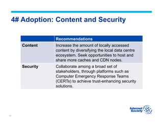 13
4# Adoption: Content and Security
Recommendations
Content Increase the amount of locally accessed
content by diversifying the local data centre
ecosystem. Seek opportunities to host and
share more caches and CDN nodes.
Security Collaborate among a broad set of
stakeholders, through platforms such as
Computer Emergency Response Teams
(CERTs) to achieve trust-enhancing security
solutions.
 