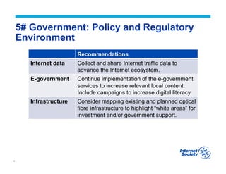 14
5# Government: Policy and Regulatory
Environment
Recommendations
Internet data Collect and share Internet traffic data to
advance the Internet ecosystem.
E-government Continue implementation of the e-government
services to increase relevant local content.
Include campaigns to increase digital literacy.
Infrastructure Consider mapping existing and planned optical
fibre infrastructure to highlight “white areas” for
investment and/or government support.
 