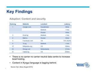 7
Key Findings
Adoption: Content and security
•  There is no carrier no carrier neutral data centre to increase
local hosting.
•  Content in Kyrgyz language is lagging behind.
Source: Dyn, Alexa (August 2015)
 