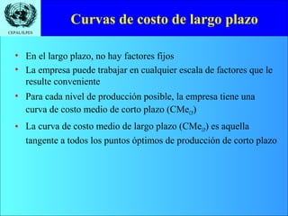 Curvas de costo de largo plazo
CEPAL/ILPES




  • En el largo plazo, no hay factores fijos
  • La empresa puede trabajar en cualquier escala de factores que le
    resulte conveniente
  • Para cada nivel de producción posible, la empresa tiene una
    curva de costo medio de corto plazo (CMeCP)
  • La curva de costo medio de largo plazo (CMeLP) es aquella
    tangente a todos los puntos óptimos de producción de corto plazo
 