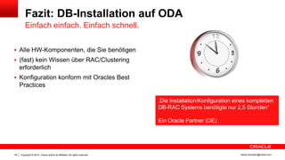 Copyright © 2014, Oracle and/or its affiliates. All rights reserved.34 ileana.somesan@oracle.com
Fazit: DB-Installation auf ODA
Einfach einfach. Einfach schnell.
 Alle HW-Komponenten, die Sie benötigen
 (fast) kein Wissen über RAC/Clustering
erforderlich
 Konfiguration konform mit Oracles Best
Practices
„Die Installation/Konfiguration eines kompletten
DB-RAC Systems benötigte nur 2,5 Stunden“
Ein Oracle Partner (DE)
 