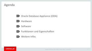 Copyright © 2015 Oracle and/or its affiliates. All rights reserved. |
Agenda
Oracle Database Appliance (ODA)
Hardware
Software
Funktionen und Eigenschaften
Weitere Infos
Ileana Someşan 3
1
2
3
4
5
 