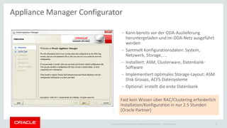 Copyright © 2015 Oracle and/or its affiliates. All rights reserved. |
– Kann bereits vor der ODA-Auslieferung
heruntergeladen und im ODA-Netz ausgeführt
werden
– Sammelt Konfigurationsdaten: System,
Netzwerk, Storage, ...
– Installiert: ASM, Clusterware, Datenbank-
Software
– Implementiert optimales Storage-Layout: ASM
Disk Groups, ACFS-Dateisysteme
– Optional: erstellt die erste Datenbank
Appliance Manager Configurator
Ileana Someşan
Fast kein Wissen über RAC/Clustering erforderlich
Installation/Konfiguration in nur 2.5 Stunden
(Oracle Partner)
36
 