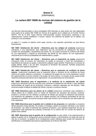 Anexo C
(informativo)
La cartera ISO 10000 de normas del sistema de gestión de la
calidad
Las Normas Internacionales (y otros entregables ISO) descritas en este anexo han sido elaboradas
como parte de la cartera ISO 10000 de normas de la gestión de la calidad por el Comité Técnico
ISO/TC 176 de la ISO. Estas Normas Internacionales pueden proporcionar asistencia a las
organizaciones cuando establecen o buscan mejorar sus sistemas de gestión de la calidad, sus
procesos o sus actividades.
La tabla C.1 muestra la relación entre estas normas y los capítulos pertinentes de esta Norma
Internacional.
ISO 10001 Satisfacción del cliente – Directrices para los códigos de conducta proporciona
orientación a una organización para determinar que las provisiones de satisfacción del cliente
cumplen las necesidades y expectativas del cliente. Su uso puede aumentar la confianza del cliente
en una organización y mejorar la comprensión del cliente de qué esperar de una organización,
reduciendo por lo tanto la probabilidad de malentendidos y quejas.
ISO 10002 Satisfacción del cliente – Directrices para el tratamiento de quejas proporciona
orientación sobre el proceso de tratamiento de quejas al reconocer y tratar las necesidades y
expectativas de quienes se quejan y resolviendo cualquier queja recibida. Proporciona un proceso de
quejas abierto, eficaz y de uso fácil, incluyendo la formación del personal. También proporciona
orientación para negocios pequeños.
ISO 10003 Satisfacción del cliente – Directrices para la resolución de conflictos de forma
externa proporciona orientación para la resolución eficaz y eficiente de los conflictos de forma
externa por quejas relativas a productos. La resolución de quejas da una vía de reparación cuando
las organizaciones no ponen remedio a las quejas de forma interna. La mayoría de las quejas puede
resolverse exitosamente dentro de la organización, sin procedimientos de confrontación.
ISO 10004 Directrices para el seguimiento y la medición de la satisfacción del cliente
proporciona directrices para las acciones para aumentar la satisfacción del cliente y para identificar
oportunidades de mejora de los productos, procesos y atributos valorados por los clientes. Tales
acciones pueden fortalecer la lealtad del cliente y ayudar a conservar clientes.
ISO 10005 Directrices para los planes de la calidad proporciona orientación para establecer y
utilizar planes de la calidad como un medio de relacionar los requisitos del proceso, producto,
proyecto o contrato con los métodos y prácticas de trabajo que apoyan la realización del producto.
Los beneficios de establecer un plan de la calidad suponen una confianza aumentada de que los
requisitos se cumplirán, de que los procesos están bajo control y de la motivación que esto puede dar
a los implicados.
ISO 10006 Directrices para la gestión de la calidad en los proyectos son aplicables a proyectos
desde pequeños hasta grandes, de simples a complejos, desde un proyecto individual a una cartera
de proyectos. Las utiliza el personal que gestiona proyectos y que necesita asegurarse de que su
organización está aplicando las prácticas contenidas en la cartera ISO de normas del sistema de
gestión de la calidad.
ISO 10007 Directrices para la gestión de la configuración es para asistir a las organizaciones a
aplicar la gestión de la configuración para la dirección técnica y administrativa a lo largo del ciclo de
vida de un producto. La gestión de la configuración puede utilizarse para cumplir los requisitos de
identificación y trazabilidad del producto especificados en la Norma ISO 9001.
Este documento ha sido adquirido por LUACES CONSULTORES, S.L. el 1 de Septiembre de 2014.
Para poder utilizarlo en un sistema de red interno, deberá disponer de la correspondiente licencia de AENOR
 