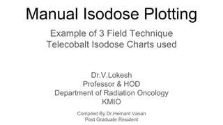 Manual Isodose Plotting
Example of 3 Field Technique
Telecobalt Isodose Charts used
Dr.V.Lokesh
Professor & HOD
Department of Radiation Oncology
KMIO
Compiled By Dr.Hemant Vasan
Post Graduate Resident
 