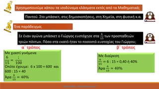 Χρήστος Σκάρκος: http://skarkos.mysch.gr/
Χρησιμοποιούμε κάπου τα ισοδύναμα κλάσματα εκτός από τα Μαθηματικά;
Παντού. Στο μπάσκετ, στις δημοσκοπήσεις, στη Χημεία, στη φυσική κ.α.
Ένα παράδειγμα;
Σε έναν αγώνα μπάσκετ ο Γιώργος ευστόχησε στα
6
15
των προσπαθειών
τριών πόντων. Πόσο στα εκατό ήταν το ποσοστό ευστοχίας του Γιώργου;
α΄ τρόπος β΄ τρόπος
Με χιαστί γινόμενα
6
15
=
;
100
Οπότε έχουμε: 6 x 100 = 600 και
600 : 15 = 40
Άρα
6
15
= 40%
Με διαίρεση
6
15
= 6 : 15 = 0,40 ή 40%
Άρα
6
15
= 40%
 