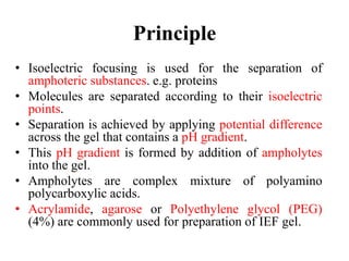 Principle
• Isoelectric focusing is used for the separation of
amphoteric substances. e.g. proteins
• Molecules are separated according to their isoelectric
points.
• Separation is achieved by applying potential difference
across the gel that contains a pH gradient.
• This pH gradient is formed by addition of ampholytes
into the gel.
• Ampholytes are complex mixture of polyamino
polycarboxylic acids.
• Acrylamide, agarose or Polyethylene glycol (PEG)
(4%) are commonly used for preparation of IEF gel.
 