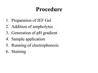 Procedure
1. Preparation of IEF Gel
2. Addition of ampholytes
3. Generation of pH gradient
4. Sample application
5. Running of electrophoresis
6. Staining
 