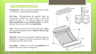 INSTRUMENTATION
 Focusing Tray : These are the trays that hold the gel media,
i.e. IPG strips on which proteins will migrate.
 IPG Strip : IPG(immobilized pH gradient) Strips are
commercially available gel media having a stable pH
gradient of mostly 3 - 10. These are formed by casting
polyacrylamide gels using acrylamide buffers on a plastic
backing. These are more stable and reproducible.
 Wick : Wicks are placed over the ends of the gel to collect
salts and proteins/peptides that are outside of the pI range
of the IPG strip.
 Electrodes : There are two electrodes of opposite charge are
attached at the opposite end of the focusing tray which will
provide the necessary electric field.
 Cup Holder : Samples are mixed with ampholytes and
loaded in the Cups so that it can migrate.(2)
 