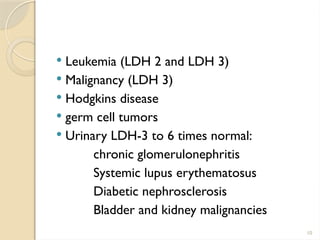 10
 Leukemia (LDH 2 and LDH 3)
 Malignancy (LDH 3)
 Hodgkins disease
 germ cell tumors
 Urinary LDH-3 to 6 times normal:
chronic glomerulonephritis
Systemic lupus erythematosus
Diabetic nephrosclerosis
Bladder and kidney malignancies
 
