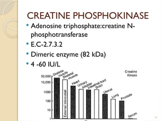 13
CREATINE PHOSPHOKINASE
 Adenosine triphosphate:creatine N-
phosphotransferase
 E.C-2.7.3.2
 Dimeric enzyme (82 kDa)
 4 -60 IU/L
 