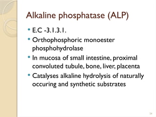 24
Alkaline phosphatase (ALP)
 E.C -3.1.3.1.
 Orthophosphoric monoester
phosphohydrolase
 In mucosa of small intestine, proximal
convoluted tubule, bone, liver, placenta
 Catalyses alkaline hydrolysis of naturally
occuring and synthetic substrates
 