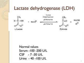 5
Lactate dehydrogenase (LDH)
Normal values
Serum -100 -200 U/L
CSF - 7 -30 U/L
Urine - 40 -100 U/L
 