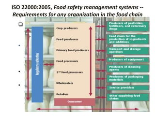 ISO 22000:2005, Food safety management systems --
Requirements for any organization in the food chain
 ISO 22000:2005 specifies requirements to enable an
organization :
• -- to plan, implement, operate, maintain and update a food
safety management system aimed at providing products
that, according to their intended use, are safe for the
consumer,
• -- to demonstrate compliance with applicable statutory and
regulatory food safety requirements,
• -- to evaluate and assess customer requirements and
demonstrate conformity with those mutually agreed
customer requirements that relate to food safety, in order
to enhance customer satisfaction,
 