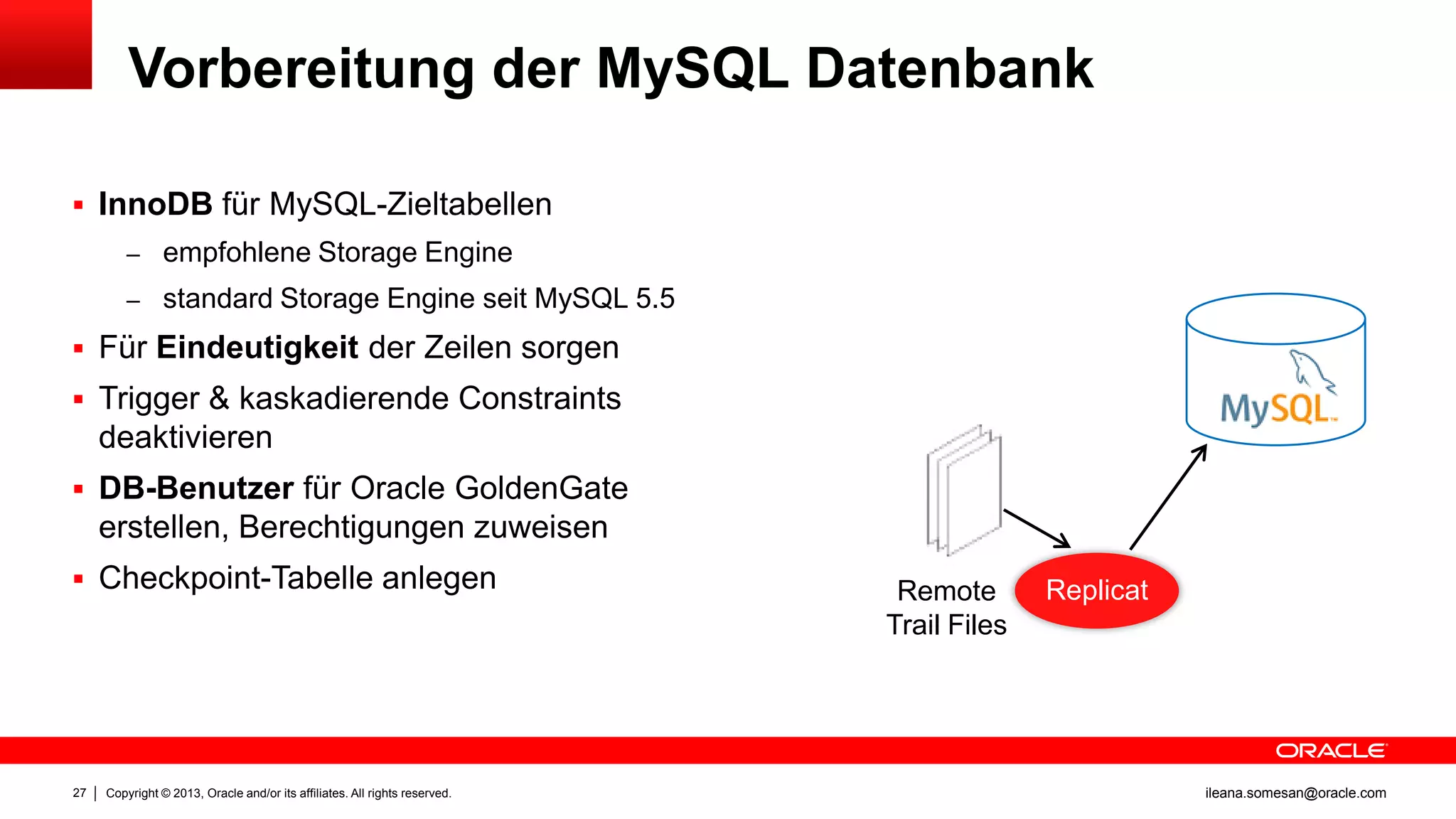 Vorbereitung der MySQL Datenbank
 InnoDB für MySQL-Zieltabellen
– empfohlene Storage Engine
– standard Storage Engine seit MySQL 5.5

 Für Eindeutigkeit der Zeilen sorgen
 Trigger & kaskadierende Constraints

deaktivieren
 DB-Benutzer für Oracle GoldenGate

erstellen, Berechtigungen zuweisen
 Checkpoint-Tabelle anlegen

27

Copyright © 2013, Oracle and/or its affiliates. All rights reserved.

Remote
Trail Files

Replicat

ileana.somesan@oracle.com

 