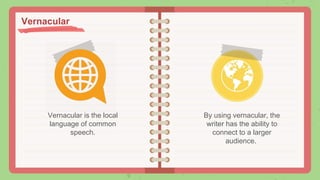 Vernacular is the local
language of common
speech.
By using vernacular, the
writer has the ability to
connect to a larger
audience.
Vernacular
 