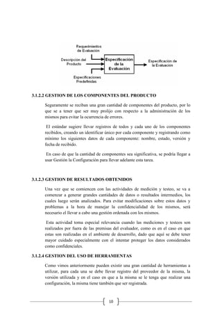 10
3.1.2.2 GESTION DE LOS COMPONENTES DEL PRODUCTO
Seguramente se reciban una gran cantidad de componentes del producto, por lo
que se a tener que ser muy prolijo con respecto a la administración de los
mismos para evitar la ocurrencia de errores.
El estándar sugiere llevar registros de todos y cada uno de los componentes
recibidos, creando un identificar único por cada componente y registrando como
mínimo los siguientes datos de cada componente: nombre, estado, versión y
fecha de recibido.
En caso de que la cantidad de componentes sea significativa, se podría llegar a
usar Gestión la Configuración para llevar adelante esta tarea.
3.1.2.3 GESTION DE RESULTADOS OBTENIDOS
Una vez que se comiencen con las actividades de medición y testeo, se va a
comenzar a generar grandes cantidades de datos o resultados intermedios, los
cuales luego serán analizados. Para evitar modificaciones sobre estos datos y
problemas a la hora de manejar la confidencialidad de los mismos, será
necesario el llevar a cabo una gestión ordenada con los mismos.
Esta actividad toma especial relevancia cuando las mediciones y testeos son
realizados por fuera de las premisas del evaluador, como es en el caso en que
estas son realizadas en el ambiente de desarrollo, dado que aquí se debe tener
mayor cuidado especialmente con el intentar proteger los datos considerados
como confidenciales.
3.1.2.4 GESTION DEL USO DE HERRAMIENTAS
Como vimos anteriormente pueden existir una gran cantidad de herramientas a
utilizar, para cada una se debe llevar registro del proveedor de la misma, la
versión utilizada y en el caso en que a la misma se le tenga que realizar una
configuración, la misma tiene también que ser registrada.
 