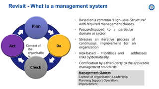 Revisit - What is a management system
• Based on a common "High-Level Structure"
with required management clauses
• Focused/scoped to a particular
domain or sector
• Stresses an iterative process of
continuous improvement for an
organization
• Risk-based - Prioritises and addresses
risks systematically.
• Certification by a third-party to the applicable
management standards
Context of
the
organisatio
n
Plan
Check
Do
Act
Management Clauses
Context of organisation Leadership
Planning Support Operation
Improvement
 