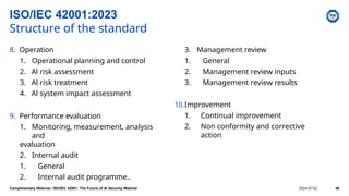 8. Operation
1. Operational planning and control
2. Al risk assessment
3. Al risk treatment
4. Al system impact assessment
9. Performance evaluation
1. Monitoring, measurement, analysis
and
evaluation
2. Internal audit
1. General
2. Internal audit programme..
3. Management review
1. General
2. Management review inputs
3. Management review results
10.Improvement
1. Continual improvement
2. Non conformity and corrective
action
ISO/IEC 42001:2023
Structure of the standard
Complimentary Webinar: ISO/IEC 42001: The Future of AI Security Webinar 2024-07-02 48
 