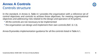 Annex A Controls
Controls structure
In the standard, in Annex A, Table A.1 provides the organization with a reference set of
control objectives and controls to achieve those objectives, for meeting organizational
objectives and addressing risks related to the design and operation of Al systems.
• All the controls are not necessary to be implemented
• the organization can design and implement their own controls (Ref.: 6.1.3).
Annex B provides implementation guidance for all the controls listed in Table A.1.
Complimentary Webinar: ISO/IEC 42001: The Future of AI Security Webinar 2024-07-02 50
 
