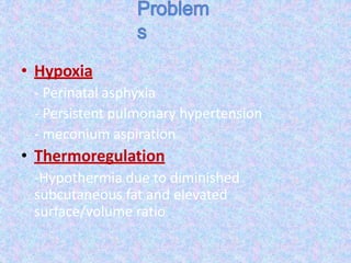 • Hypoxia
- Perinatal asphyxia
- Persistent pulmonary hypertension
- meconium aspiration
• Thermoregulation
-Hypothermia due to diminished
subcutaneous fat and elevated
surface/volume ratio
 