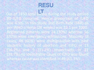 Out of 1850 total births during the study period
80 IUFD occurred. Hence proportion of IUFD
was 4.3%. In this study, Still Birth Rate (SBR) as
per WHO criteria (28 weeks) was 22.1 per 1000.
Registered patients were 24 (30%) whereas 56
(70%) were emergency admissions. Majority of
cases, 48 (60%) were multigravidae with past
obstetric history of abortion and IUFD in 13
(16.2%) and 9 (11.2%) respectively. In 31
(38.7%) no identifiable cause of IUFD was found
whereas cause was identified in 49 (61.3%).
 