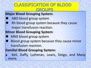 Major Blood Grouping System:
⚫ ABO blood group system
⚫ Rh blood group system because they cause
major transfusion reaction.
Minor Blood Grouping System:
⚫ MNS blood group system
⚫ Blood group system because they cause minor
transfusion reaction.
Familial Blood Grouping System:
⚫ Kell, Daffy, Lutheran, Lewis, Deigo, and Many
more.
 