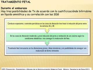 TRATAMIENTO FETAL
Durante el embarazo
Hay tres posibilidades de Tx de acuerdo con la cuatificicaciónde bilirrubina
en líquido amniótico y su correlación con las SDG
 