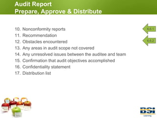 Auditor ResponsibilitiesArrive on timeMaintain confidentialityBe objective and ethicalSupport the audit team and team leaderPlan and prepare work documentsInform auditees of the audit processDocument and support all findingsKeep auditee informedSafeguard all documentsPrepare the audit report