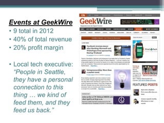 Events at GeekWire
• 9 total in 2012
• 40% of total revenue
• 20% profit margin

• Local tech executive:
  “People in Seat...