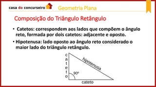 Composição do Triângulo Retângulo
• Catetos: correspondem aos lados que compõem o ângulo
reto, formada por dois catetos: adjacente e oposto.
• Hipotenusa: lado oposto ao ângulo reto considerado o
maior lado do triângulo retângulo.
Geometria Plana
 