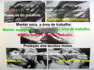 Propósitos do isolamento absoluto: Manter seca  a área de trabalho. Manter asséptica... Manter limpa a área de trabalho. Proteção dos tecidos moles. Retração...  ...dos tecidos moles. Melhorar visibilidade do campo operatório. Proteção do paciente. Proteção do profissional. ...a área de trabalho. KLEIN JR 