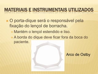 MATERIAIS E INSTRUMENTAIS UTILIZADOS

   O porta-dique será o responsável pela
    fixação do lençol de borracha.
     Mantém  o lençol estendido e liso.
     A borda do dique deve ficar fora da boca do
      paciente.


                                    Arco de Ostby
 