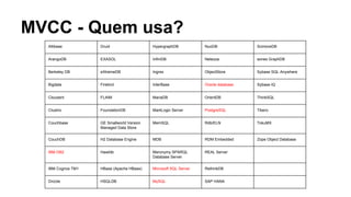 MVCC - Quem usa?
Altibase Druid HypergraphDB NuoDB ScimoreDB
ArangoDB EXASOL InfiniDB Netezza sones GraphDB
Berkeley DB eXtremeDB Ingres ObjectStore Sybase SQL Anywhere
Bigdata Firebird InterBase Oracle database Sybase IQ
Cloudant FLAIM MariaDB OrientDB ThinkSQL
Clustrix FoundationDB MarkLogic Server PostgreSQL Tibero
Couchbase GE Smallworld Version
Managed Data Store
MemSQL Rdb/ELN TokuMX
CouchDB H2 Database Engine MDB RDM Embedded Zope Object Database
IBM DB2 Hawtdb Meronymy SPARQL
Database Server
REAL Server
IBM Cognos TM1 HBase (Apache HBase) Microsoft SQL Server RethinkDB
Drizzle HSQLDB MySQL SAP HANA
 