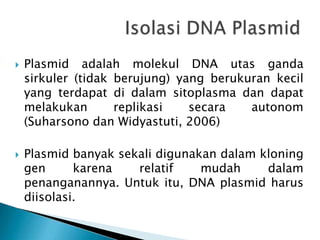  Plasmid adalah molekul DNA utas ganda
sirkuler (tidak berujung) yang berukuran kecil
yang terdapat di dalam sitoplasma dan dapat
melakukan replikasi secara autonom
(Suharsono dan Widyastuti, 2006)
 Plasmid banyak sekali digunakan dalam kloning
gen karena relatif mudah dalam
penanganannya. Untuk itu, DNA plasmid harus
diisolasi.
 