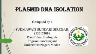 PLASMID DNA ISOLATION
Compiled by :
SUKMAWATI SUNDARI SIREGAR
8136173016
Pendidikan Biologi-A
Program Pascasarjana
Universitas Negeri Medan
 