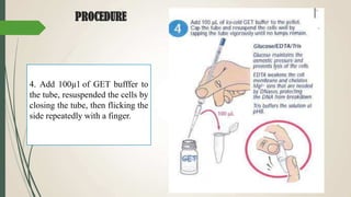 PROCEDURE
4. Add 100µl of GET bufffer to
the tube, resuspended the cells by
closing the tube, then flicking the
side repeatedly with a finger.
 