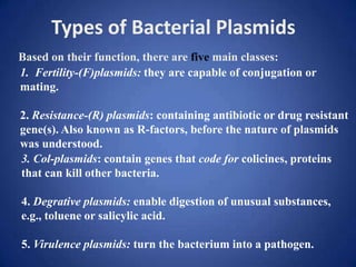 1. Fertility-(F)plasmids: they are capable of conjugation or
mating.
2. Resistance-(R) plasmids: containing antibiotic or drug resistant
gene(s). Also known as R-factors, before the nature of plasmids
was understood.
Types of Bacterial Plasmids
3. Col-plasmids: contain genes that code for colicines, proteins
that can kill other bacteria.
4. Degrative plasmids: enable digestion of unusual substances,
e.g., toluene or salicylic acid.
5. Virulence plasmids: turn the bacterium into a pathogen.
Based on their function, there are five main classes:
 